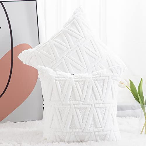 Madizz 2er Set Sanft Plüsch Kurze Wolle Samt Dekorativ Zierkissenbezüge Luxus Stil Kissenbezug für Sofa für Schlafzimmer Weiß 30x30 cm Quadrat
