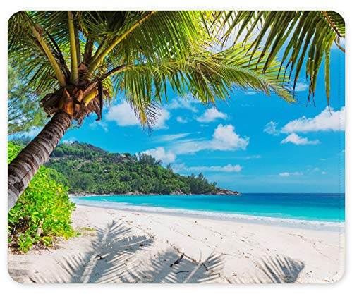 Auhoahsil Mouse Pad, Square Beach Style Anti-Slip Rubber Mousepad with Durable Stitched Edges for Gaming Office Laptop Computer PC Men Women Kids, Cute Custom Pattern, Beach and Coconut Tree Design