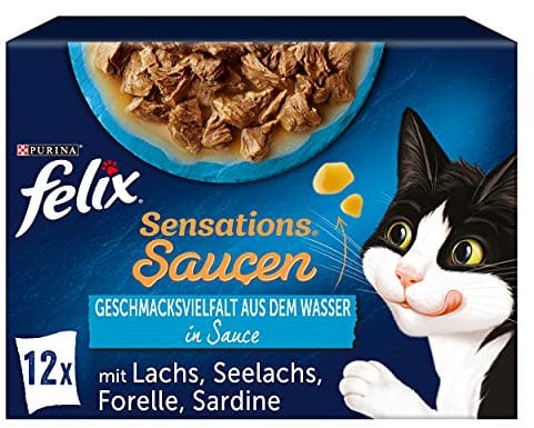 FELIX Sensations Saucen Katzenfutter nass, Fisch Sorten-Mix, 6er Pack (6 x 12 Beutel à 85g)
