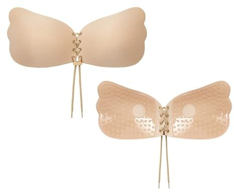 SPRINGSY Klebe BH Push Up für perfektes Dekolleté | Trägerloser BH rückenfrei - hautfreundlich und atmungskativ – Unsichtbarer Klebe BH große Brust mit Tunnelzug (Beige, D)