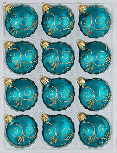 12 TLG. Glas-Weihnachtskugeln Set in 'Ice Petrol-Türkis Goldene Ornamente' - Christbaumkugeln - Weihnachtsschmuck-Christbaumschmuck