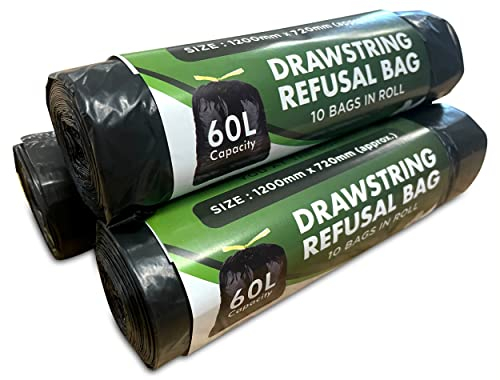 MYPURECORE 60L Recycled Bin Bags - 30 Pack Drawstring Heavy Duty, Strong Black Refuse Sacks - Eco-Friendly Black Bin Liners for Home, Office, Garden - Large Capacity, Durable Strong Bin Bags