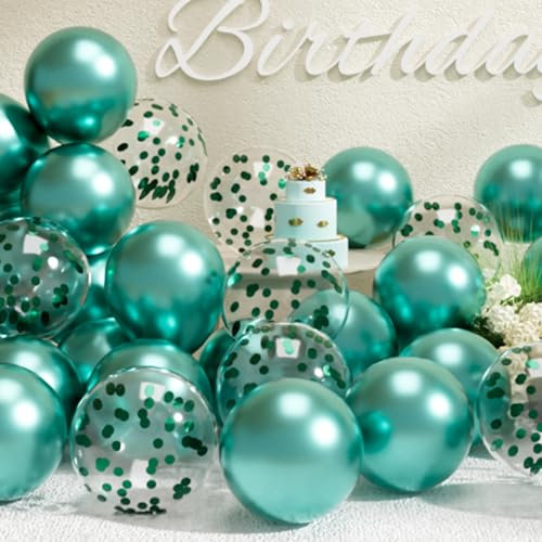 SUWEN Metallic Türkis Luftballons und Konfetti Luftballons Set 47 Stück Latex Helium Metallic Grün Ballons für Geburtstag Jubiläum Party Deko