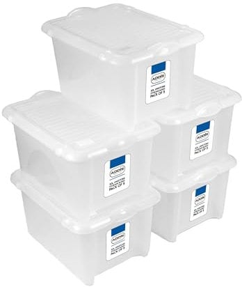 Addis 30 litre Clear Plastic Unistore Storage Boxes with clip lock lid and base, Pack of 5, tough reliable stackable nestable, Made in the UK, Clear