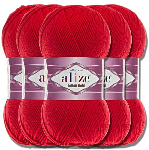 Alize 5 x 100g Cotton Gold Türkische Premium Wolle Baumwolle und Acryl Handstrickgarne | Garn | Yarn | Babywolle Strickgarn Akzente Accessoire Baby zum Häkeln Stricken Kleidung Schals (Red | 56)