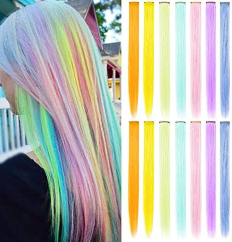 ZHAOWWEI Haarspange mit Regenbogen gefärbt 20 Zoll Multi Farbe Hitzebeständiges High Helligkeit Haar Slices Mode Synthetische Haar Frauen 14 Stücke (Mehrfarbige)