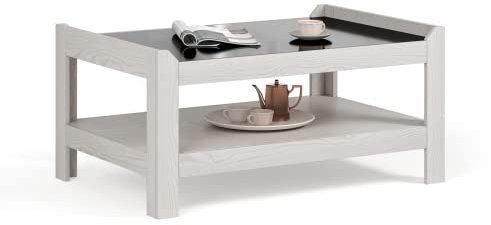 Meerveil Coffee Table, Tea Table with Storage Shelves Wooden Glass Modern Style for Living Room Office, W90 x H43 x D60 cm, Cream White