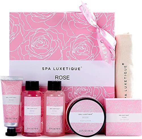 SPA LUXETIQUE Bade Geschenket für Frauen - 6 tlg. Pflegeset Rosenduft in Reisegröße Duschgel, Bodylotion, Schaumbad, Handcreme, Leinentasche mit Kordelzug, Bade Reise Set Geschenk, Weihnachtsgeschenke