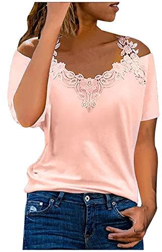 Susenstone Chemise Femme D'Été Élégant Chemisiers Dentelle Découpes Col en V Manches Courtes T-Shirt Mode Épaules Dénudées Shirt Blouse Couleur Unie/Impression Ample Hauts Tops Tunique 01# Rose XXL