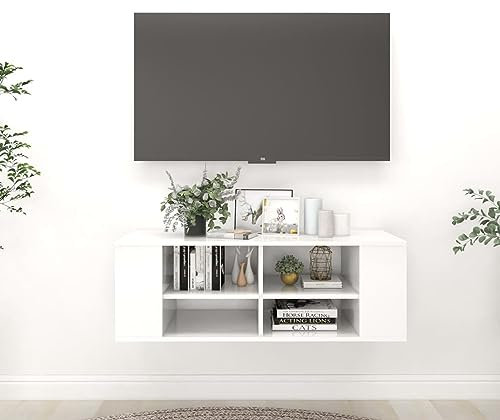 JUNZAI TV-Wandschrank, Schrank, Wohnwand, Lowboard, Ferseherschrank, Sideboard, Hängeschrank Wohnzimmer, Tv Schrank, Hochglanz-Weiß 102x35x35 cm Spanplatte