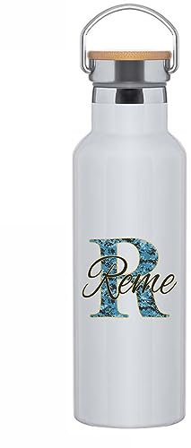 C&P Botella personalizada con nombre + inicial, Botella original tapón a rosca en acero inox, con detalle de bambú y asa integrada térmica de doble Capa bebidas frías 24h y Calientes 12h, 500 ml (4)