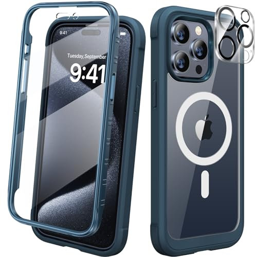 Diaclara Magnetic Designed for iPhone 15 Pro Case [Compatible with MagSafe], 360° Full Body Case with Screen Protector + Camera Lens Protector for iPhone 15 Pro 6.1 (Deep Blue)