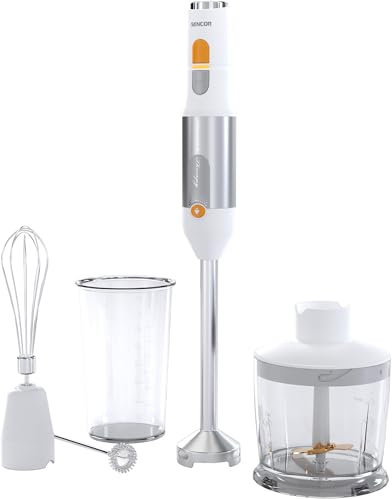 Sencor Batidora Mano Multifuncional Ultra-Potente 1200W, con Batidor, Picadora y Espumador, Cuchillas Quad Blades de Acero Inoxidable, Control Continuo de Velocidad, Diseño Ergonómico - Blanco