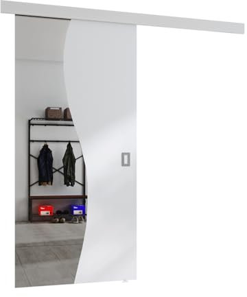 Mirjan24 Fala Kit complet de porte coulissante avec miroir avant pour portes coulissantes, cloisons intérieures, porte coulissante universelle avec fermeture automatique (blanc + miroir, modèle 70)