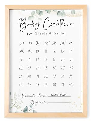 Babycountdown personalisierter Baby Countdown Kalender mit Namen Geschenk zur Schwangerschaft Poster Geschenkidee werdende Eltern DIN A4 Eukalyptus (mit oder ohne Rahmen)