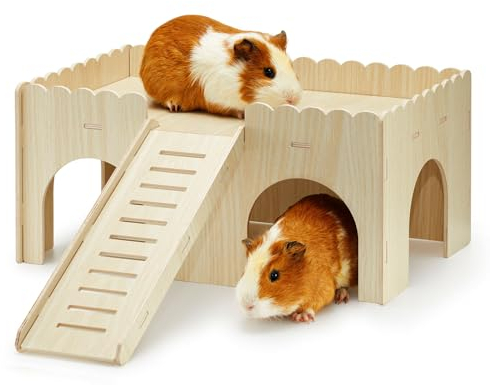 JWShang Large Wooden Guinea Pig House, Hideout Hut with Cave Stairs, Detachable Castle with Ramp, Small Animal House Habitat with 4 Entrances for Rat, Hamster, Hedgehog Hiding and Playing