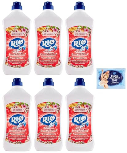 6er-Pack RIO Bum Bum Pavimenti, Bodenreiniger mit Alkohol, Pfirsichblüte Duft,1Lt + 1er-Pack Kostenlos Felce Azzurra Talkumpuder, 100g-Beutel