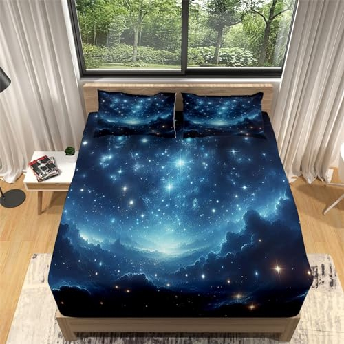 Blau Spannbettlaken Sternenhimmel Und Galaxie Druck Spannbetttücher 90x190 Bettlaken Mikrofaser Spannbetttuch Boxspringbett - Tiefe Tasche 30 cm mit 2 Kissenbezügen für Kinder Jugendliche