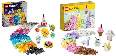 LEGO Classic Kreative Weltraumplaneten & Classic Pastell Kreativ-Bauset Bausteine-Box, Konstruktionsspielzeug für Mädchen und Jungen ab 5 Jahren mit Modellen; Eiscreme, Dinosaurier, Katze & mehr 11028