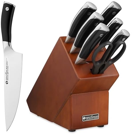 GROSSMAN Diaman Messerblock 7-teilig – Küchenmesser Set mit schwarzen Griffen – deutscher Edelstahl – Messerhalter aus Eschenholz in Kupferbraun – rutschfest & modern
