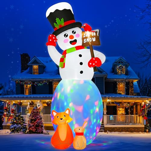 AerWo 360cm Aufblasbare Schneemann Weihnachtsdeko Outdoor, Riesiger Weihnachten Aufblasbar Schneemann mit Fuchskaninchen-Dekor und Rotierenden LEDs, Schneemann Deko Außen im Freien Yard Garten