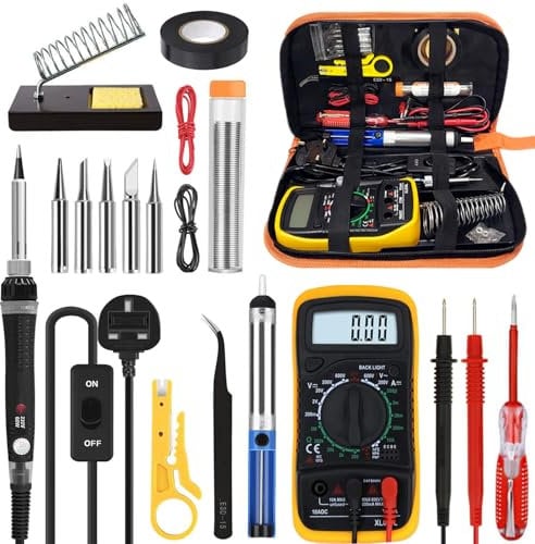 18 in 1 Soldering Iron Kit, 60W Soldering Iron with 5 Extra Tips, Soldering Kit with LCD Digital Multimeter, Stand, Desoldering Pump, Solder, Wire Stripper Cutter, Tweezers, Tape, Tool Bag