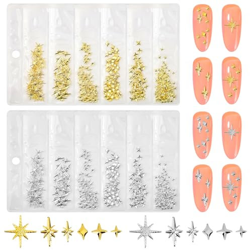 400 Stück Gold Silber Stern Nail Charms Nägel, 3D Metall Star Nagelkunst Dekorations, Star Nail Design Gemischt Größe Form Nägel Zubehör