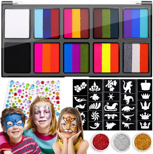 Axinyijia Pintura Cara Niños 15/10/20 Colores, Set de Maquillaje para Niño con Plantillas, Pinceles Profesionales, Diamond Stickers Face Painting Kit Pintacaras Infantil (10 colores)