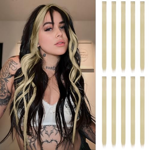FESHFEN Farbige Haarverlängerung, 10 PCS Aschblond Haarteil für Damen Synthetik Party Highlight Bunte Glatte Haarverlängerungen Clip in Haarteil für Frauen, 55cm