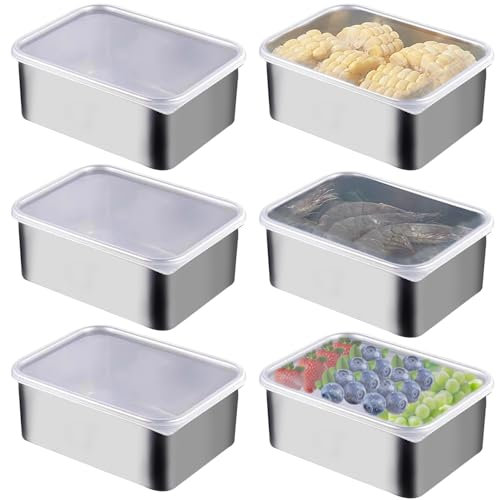 VEGOATY 6 contenitori salvafreschezza in acciaio inox con coperchio, in acciaio inox, 13,5 x 10,5 x 5,5 cm, impilabili, per congelatore, forno