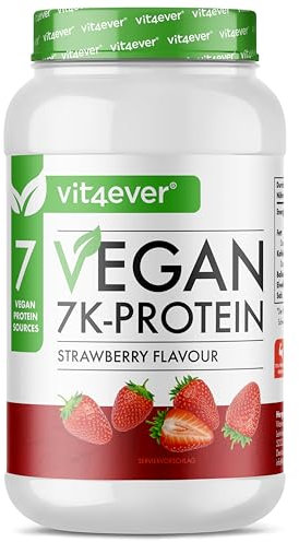 Vegan 7K Protein - 1 kg - Fragola - Pura polvere proteica a base vegetale con proteine di riso, mandorla, soia, pisello, canapa, mirtillo rosso e girasole.