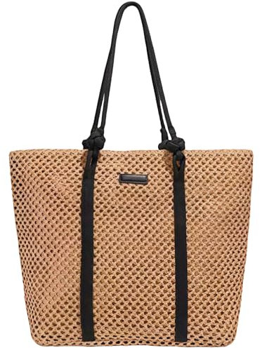 Bolsas de paja para mujer, bolsa de playa de ganchillo, bolso de mano tejido grande, bolso de mano de paja para vacaciones de verano, Caqui, Large