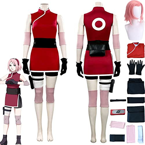bbganlian Anime Charakter Haruno Sakura Cosplay Kostüm Outfit Rollenspiel Uniform Komplettes Set Halloween Karneval Party Dress Up Anzug mit Perücke Kopfschmuck für Frauen