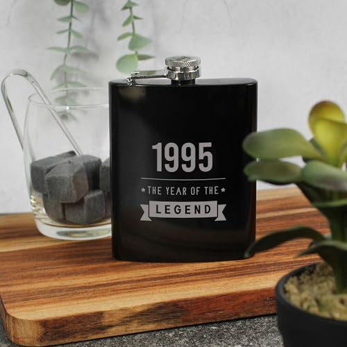 eBuyGB Engraved Black Metal Hip Flask 1995 The Year of The Legend, 30th Birthday Gifts for Men, Milestone Thirtieth Gift for Men, 7oz Whisky Flask