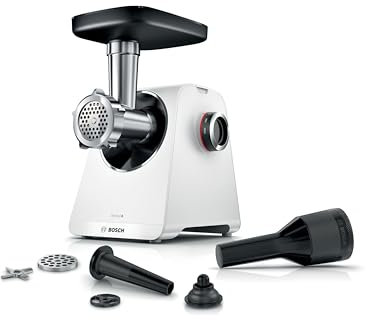 Bosch MultiPower Serie 6 Fleischwolf MFWS607W, 2 Lochscheiben (4,5 und 8 mm), Edelstahl, spülmaschinenfest, Kebbe- und Wurst-Aufsatz, Motorblockleistung 2.100 W, Weiß