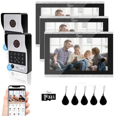 Sistema citofonico dell'appartamento del videocitofono cablato,monitor a 10 pollici di tocco,campanello della macchina fotografica 1080P,5 in 1 sblocco per la villa domestica (2 Campanello +3 Monitor)