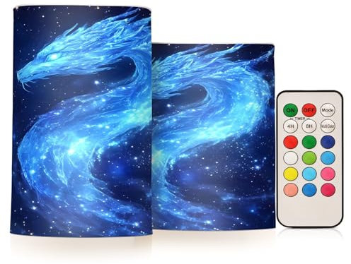 Mnsruu Flammenlose Kerzen Drache Galaxie Blau Sterne Kosmos LED Kerzen Flackern mit Fernbedienung Timer Batteriebetriebene Kerzen 2er Set Home Hochzeit Dekoration