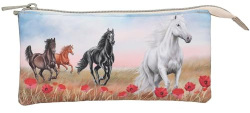 Depesche 13342 Miss Melody Poppy Sand - Schlampertasche in Beige, mit Pferde Motiv und Mohnblumen, Federtasche mit 3 Innenfächern