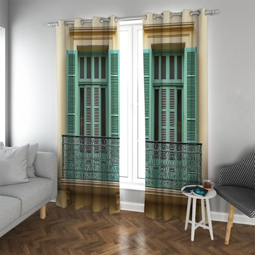 Vintage Französische Vorhänge Klassische grüne Fensterläden & Eisengeländer Design Wärmeisolierte Fensterbehandlungen für Wohnzimmer Balkon 2 Paneele H114xB96