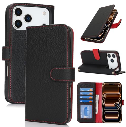 Zouzt Hülle für iPhone 17 Pro Max 6,9 Zoll, Echt Leder Hülle mit 4 Kartenfächern, RFID Blocker, Kartenhalter Magnet Klapp Stoßfest Schutzhülle Frauen Männer für iPhone 17 Pro Max - Schwarz & Rot