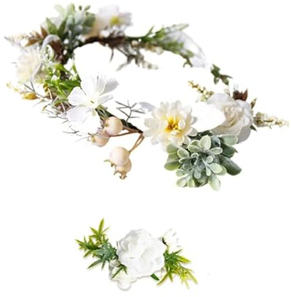 Kaiyzo Floral Crown Headband, White Artificial Garland for Bride and Festival, Vintage Bohemian Hair Wreath, Metal Frame with Fabric Blooms, Includes Flower Hair Clip