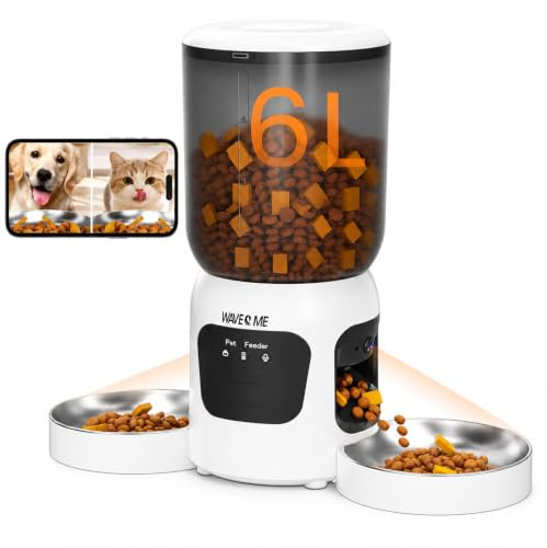 Futterautomat Katze mit Kamera, 6L Katzenfutterautomat 2 Näpfe für 2 Katzen | App-Steuerung, 2,4/5 GHz WLAN, 2-Wege-Audio, Nachtsicht, 1–15 Portionen, Trockenfutterspender