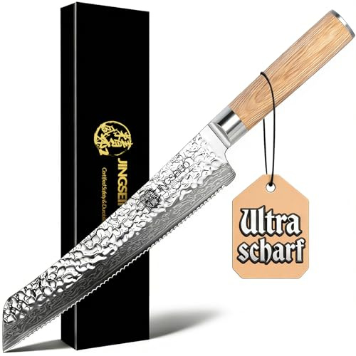Jingseiho Japanisches Brotmesser Wellenschliff 26 cm, VG-10 Damaststahl-Klinge mit Extra Langer Schärfe, Perfekter Brotschneider für Knuspriges Sauerteigbrot
