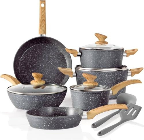 Home Express 12 Piece Non-Stick Cookware Set, Granite Coating, Induction Compatible, Pots and Pans with Silicone Utensils (Black)