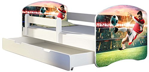 ACMA Kinderbett 140x70 Jugendbett mit Einer Schublade und Matratze, Rausfallschutz, Lattenrost Weiß, stabil, Kinderzimmer Bett, Jugendmöbel Design 37 Fußballer 2