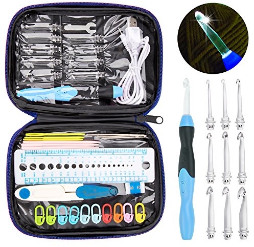 Häkelnadeln mit LED, Set mit ergonomischen Lichtern, wiederaufladbar, eingeschaltete Haken, 9 Haken mit austauschbaren Köpfen, Stricknadeln/Strickhaken (blau)