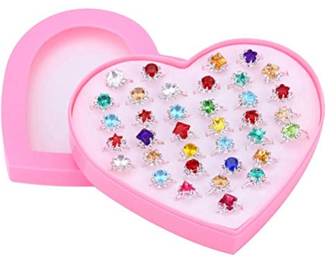 TOYMYTOY Lot de 36 bagues réglables pour petites filles en plastique multicolore en forme de cœur avec boîte en forme de cœur, anniversaire, Plastique