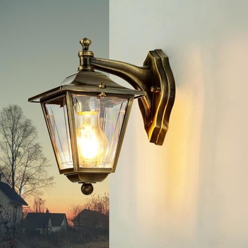Licht-Erlebnisse Außen Wandleuchte Rustikal, Messing Laterne außen, Außenlampe Antik, Acrylglas, E27, IP43, Garten, Hof, Hauswand, Haustür, Wandlampe, Außenleuchte
