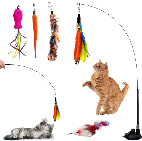 Cat Toys for Indoor Cats Adult, Interactive Cat Toy Training with 5 Feather Accessories, Cats Feather Toy Suction Cup Pet Teaser Wand Toys for Boredom and Exercise