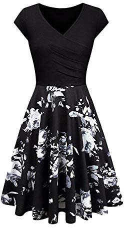 OMZIN Women's Summer 1950s Vintage Dress Wrap V Neck Cap Sleeve Dress Cocktail Swing Dress A-Line Flared Midi Dress, Z-z-black Floral, XXL